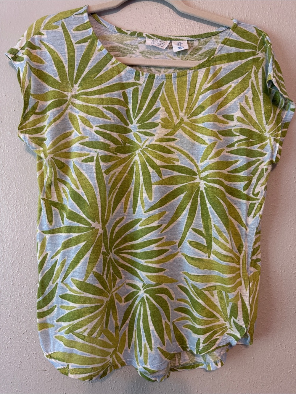 Sigrid Olsen Green Palm-Print Short Sleeve Tee
